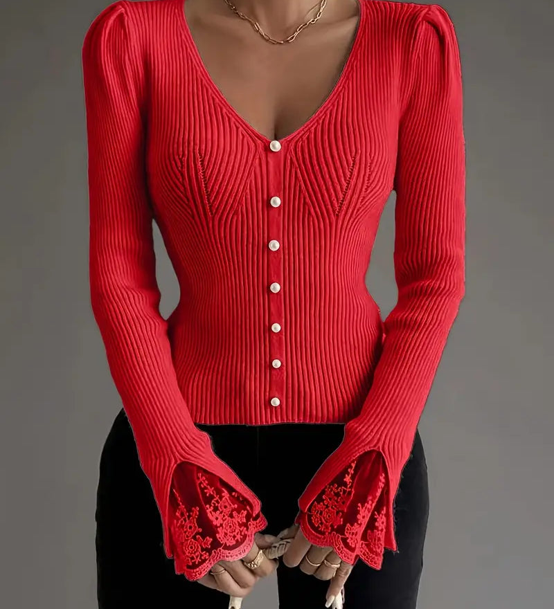 Mariana - Camisola Canelada com Decote em V e Mangas em Renda