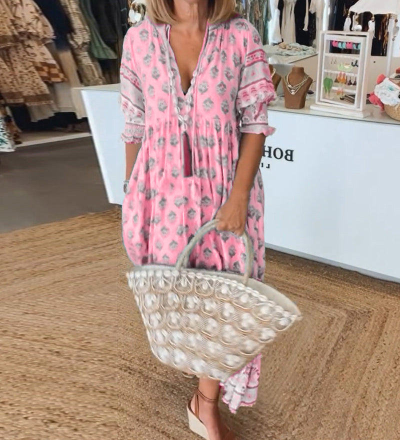 Modena™ - Vestido casual estampado com decote em V e mangas curtas
