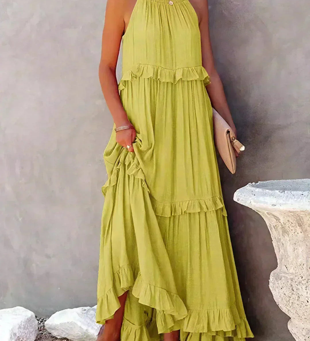 Sarah | Vestido longo com babados e alças finas