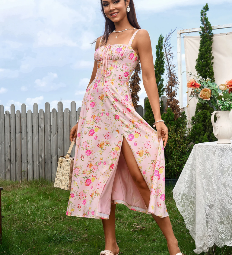 Claudia - Vestido Cami com Busto Franzido e Coxa Dividida