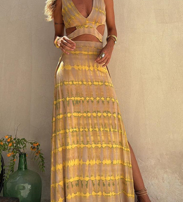 Angelica | Vestido elástico com fenda e decote estampado