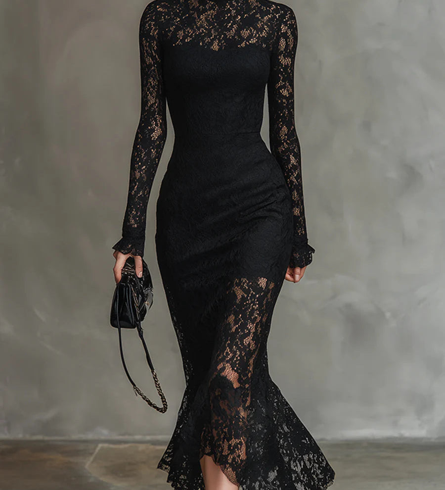 Veronika | Vestido Maximal de Renda Preta