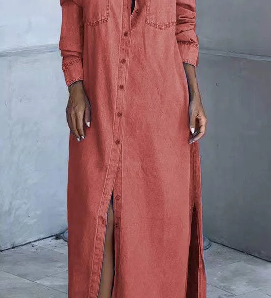 Sophia - Vestido comprido de ganga com mangas compridas e decote
