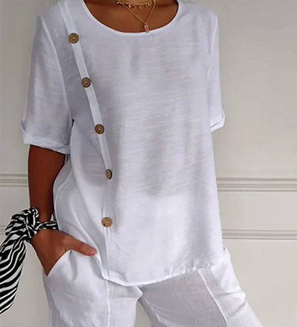 Sandra - Camisa casual com botões para mulher em algodão e linho