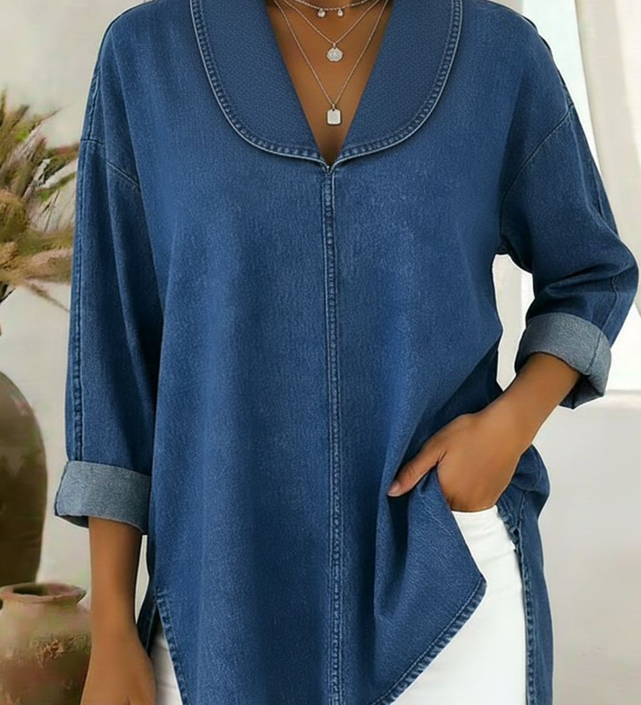 Denim - Top Retro com Colarinho de Chal