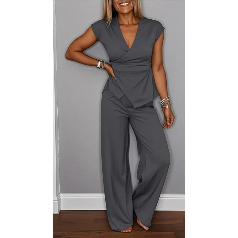 PALMIRA | Conjunto elegante de blusa com decote em V e calça solta para conforto diário